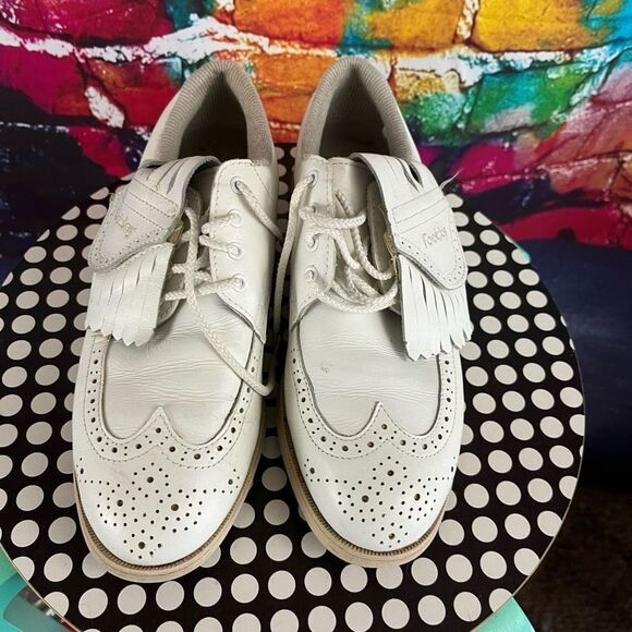 Vintage Footjoy Softjoys White Leather Wingtip Kiltie Golf Shoes Size 7.5 Medium - Picture 2 of 7